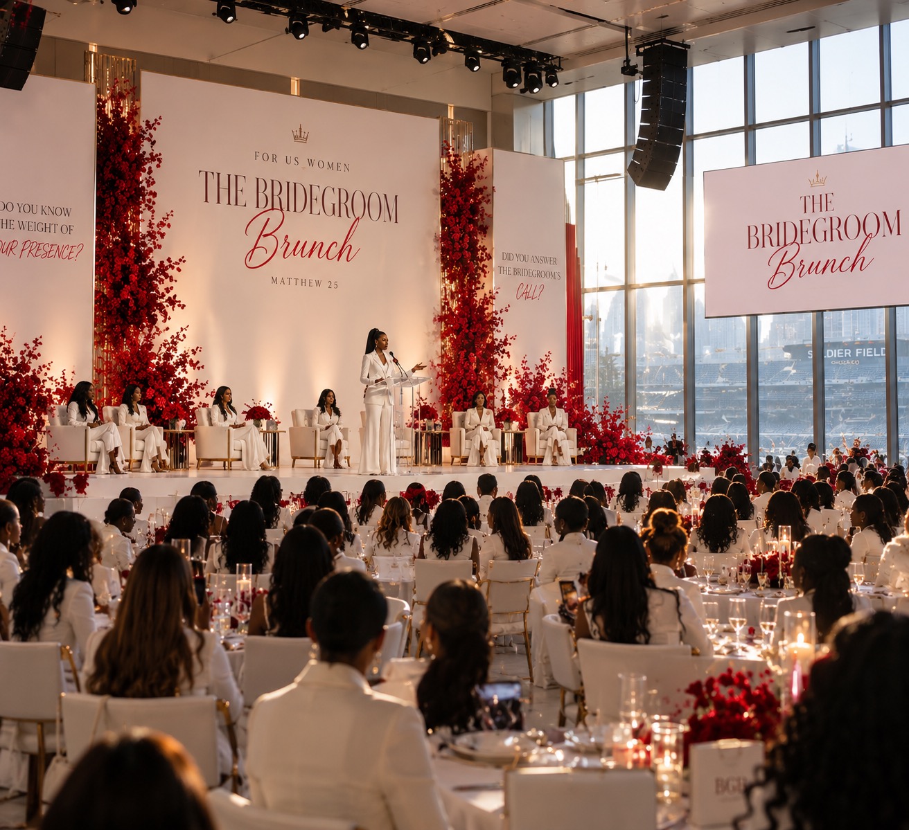 Women gathered at The BrideGroom Brunch, with an ivory stage and red floral arrangements overlooking Soldier Field